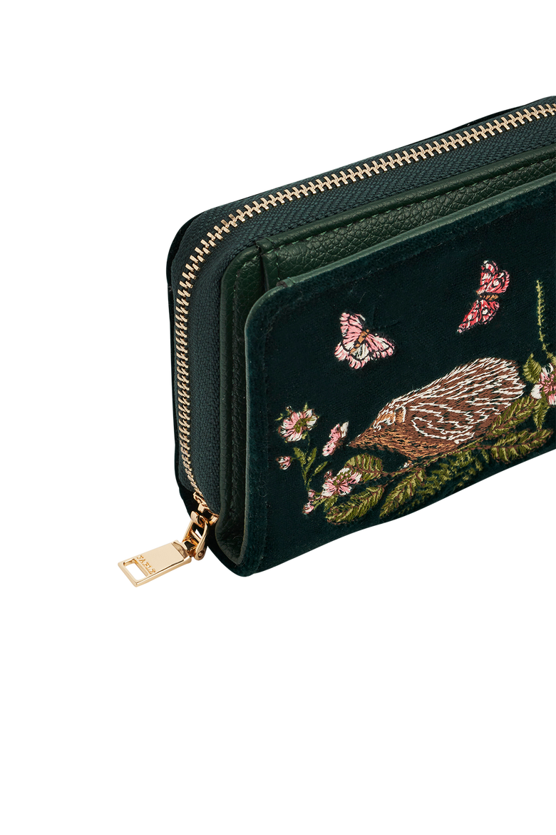Hedgehog Velvet Embroidered Small Wallet, Alternate, color, Dark Green