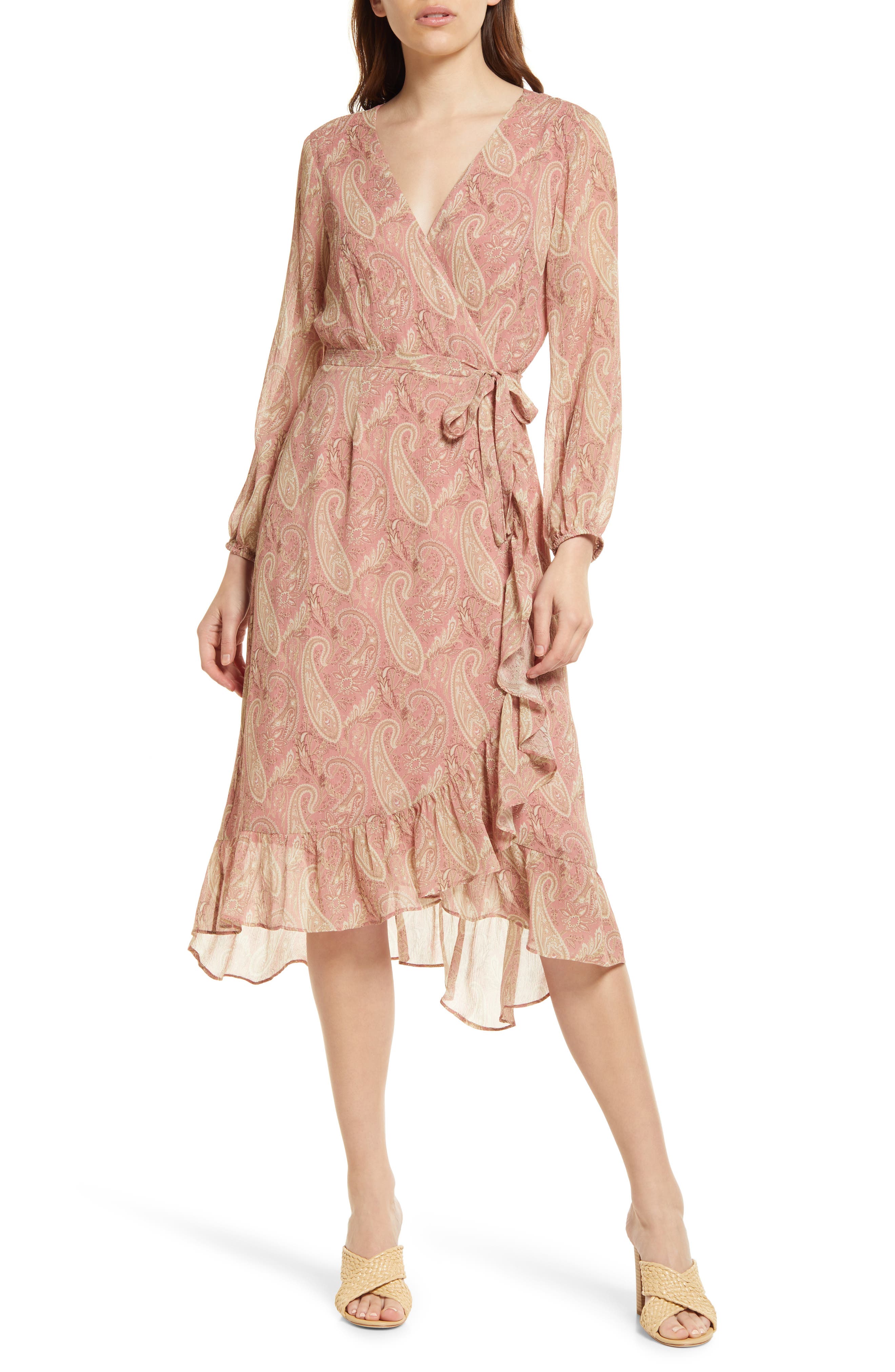 Long Sleeve Silk Georgette Wrap Dress