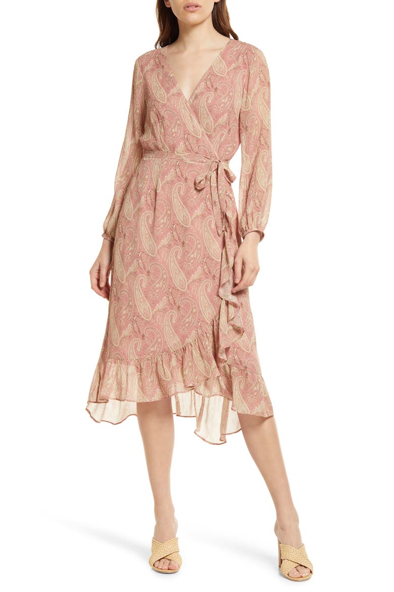 Long Sleeve Silk Georgette Wrap Dress, Main, color, LIPSTICK PINK / TAN