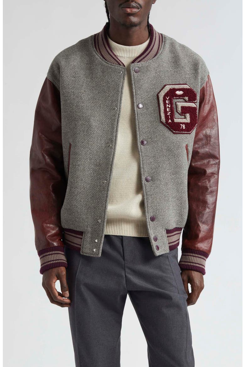 Journey Varsity Bomber Jacket, Main, color, MELANGE GREY/ VINEYARD WINE