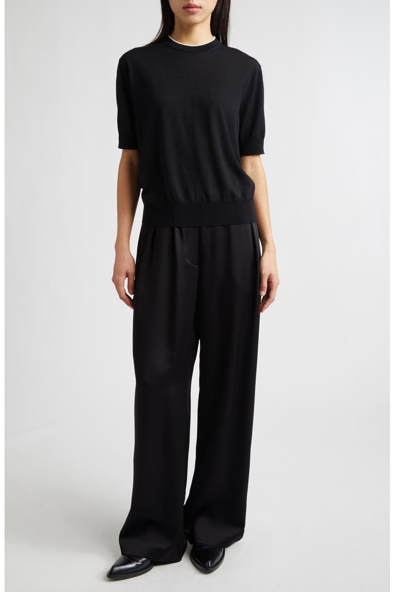 Pleated Satin Wide Leg Pants, Alternate, color, BLACK