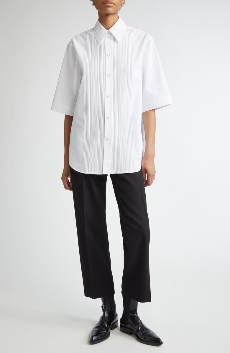 Jil Sander Pintuck Short Sleeve Cotton Button-Up Shirt, Alternate, color,