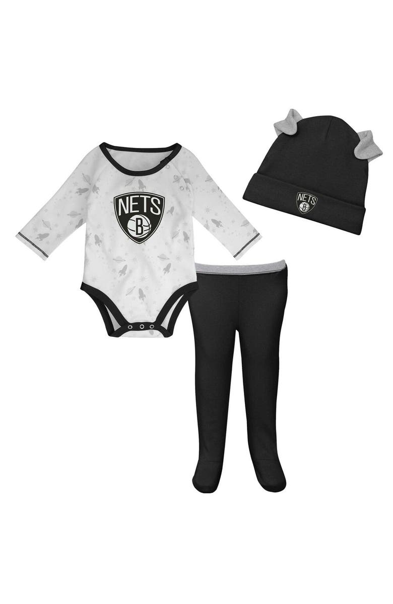 Outerstuff Newborn & Infant White/Black Brooklyn Nets Three-Piece Dream Team Long Sleeve Bodysuit Cuffed Knit Hat & Footed Pants Set, Main, color, White
