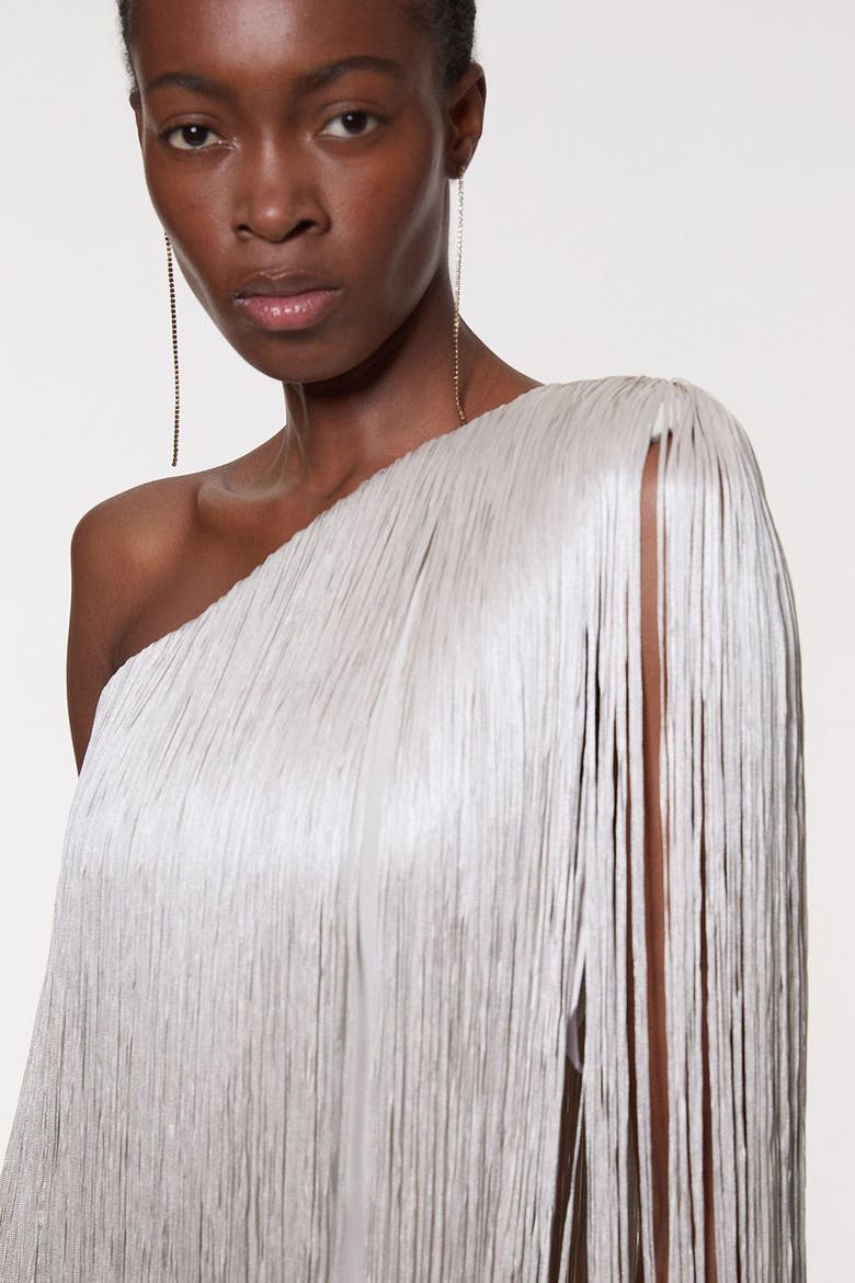 Petite Fringe Mini Dress, Alternate, color, Silver