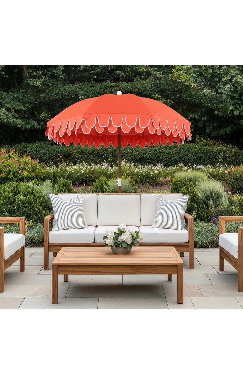 JONATHAN Y Horizon 6.5 ft. Classic MidCentury Scalloped Fringe Market Beach Umbrella with Push-Button Tilt, Alternate, color, Coral Red - Dark Brown Pole