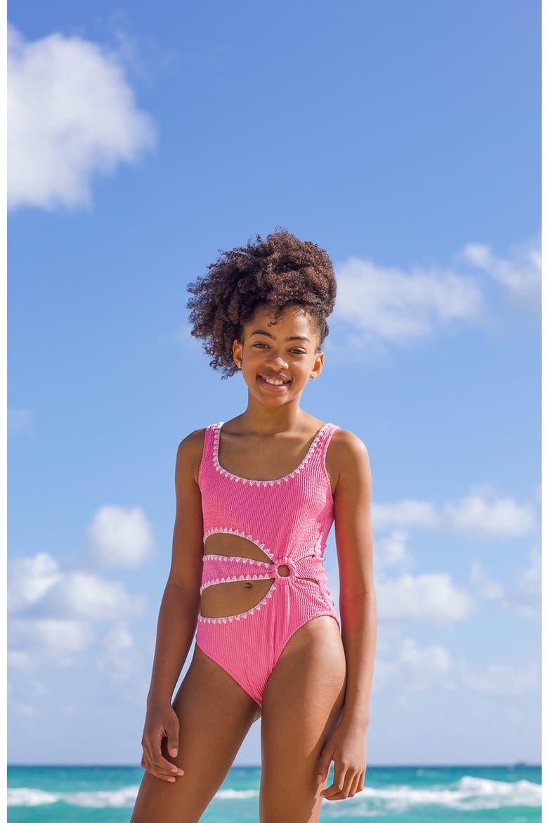Textured Cutout Embroidery Edging with Ring-Detail One-Piece Swimsuit, Alternate, color, Pink