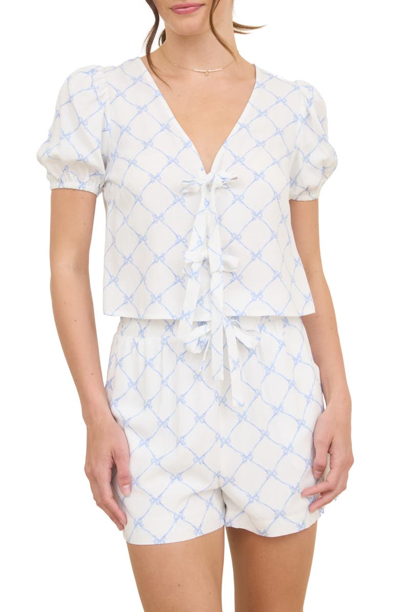 Blu Pepper Puff Sleeve Tie Front Top, Main, color, Blue