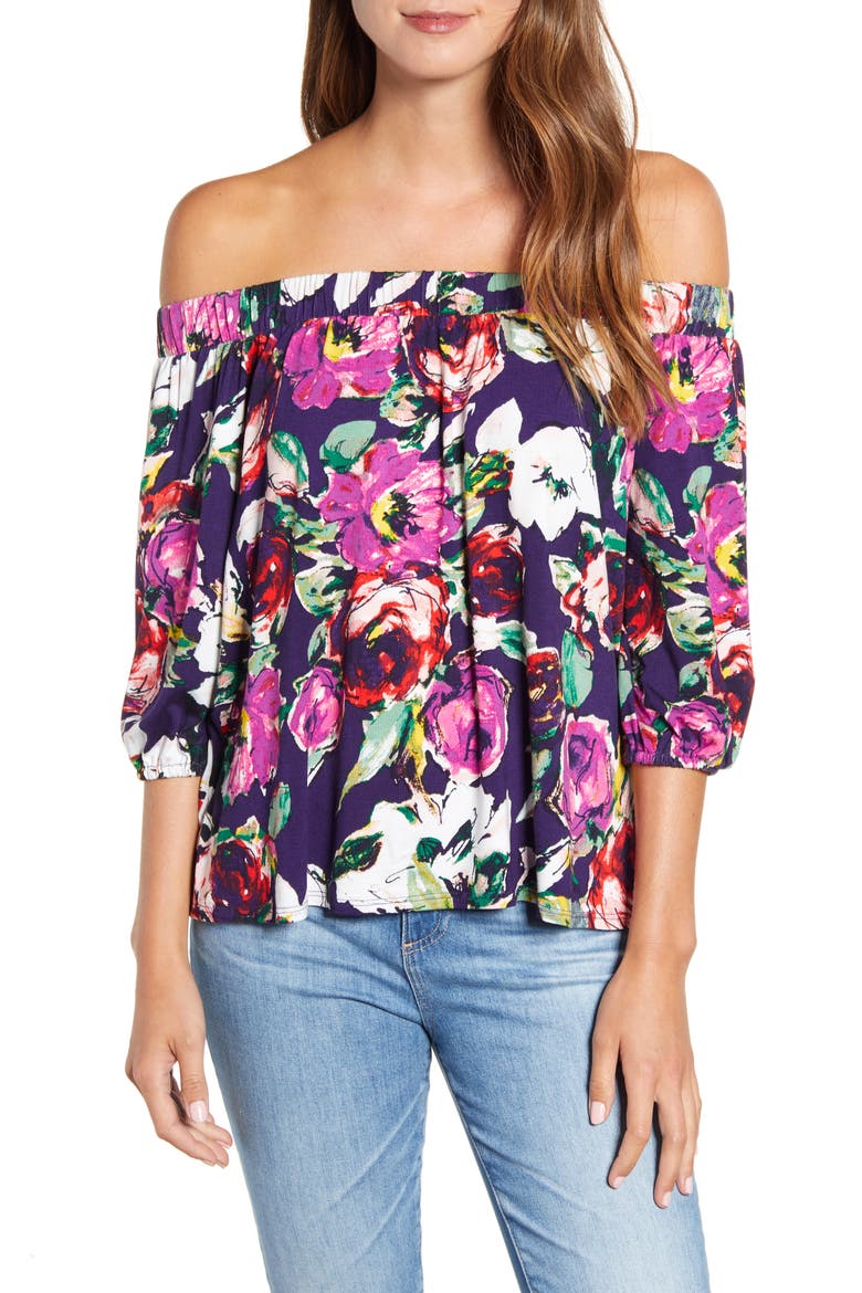 Loveapella Floral Off the Shoulder Top, Main, color, AZALEA/ PLUM