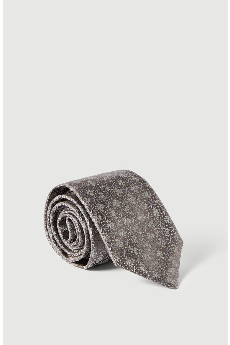 Silk tie with geometric floral pattern, Alternate, color, Grey