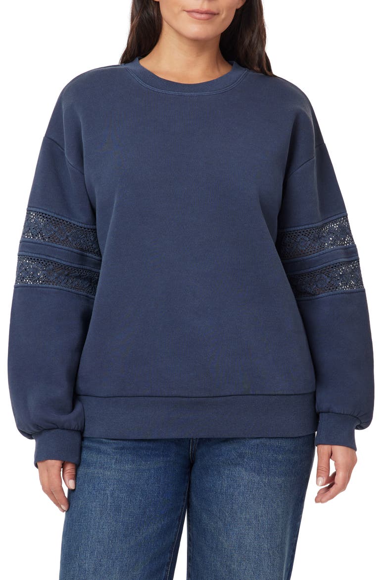Lace Trim Fleece Pullover Sweater, Main, color, MOOD INDIGO
