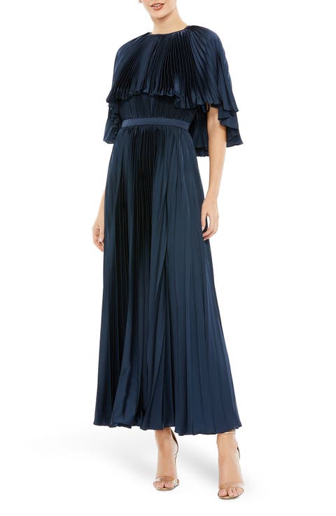 Pleated Capelet Tea-Length Dress