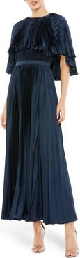 Mac Duggal Pleated Capelet Tea-Length Dress