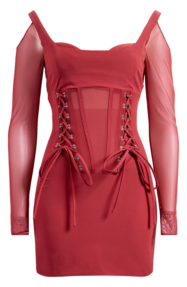 Mistress Rocks Long Sleeve Lace-Up Corset Minidress, Alternate, color, Cherry