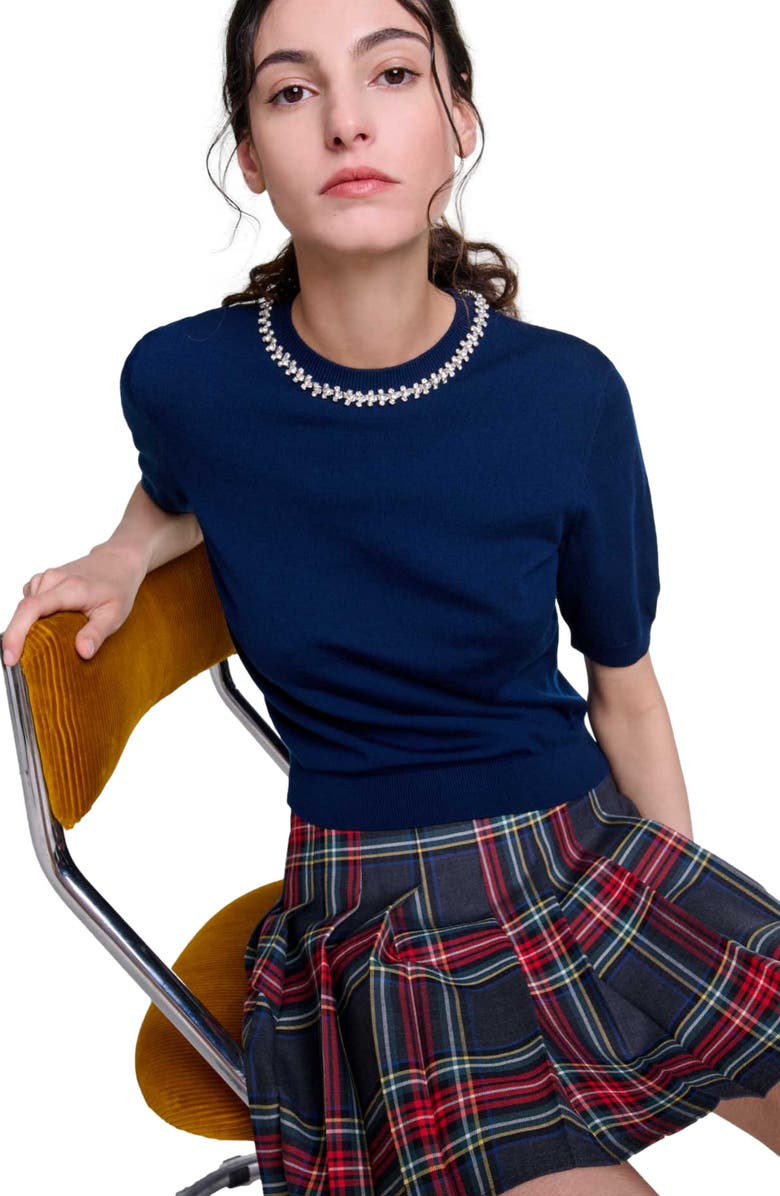 maje Knit crop sweater with rhinestones, Alternate, color, 