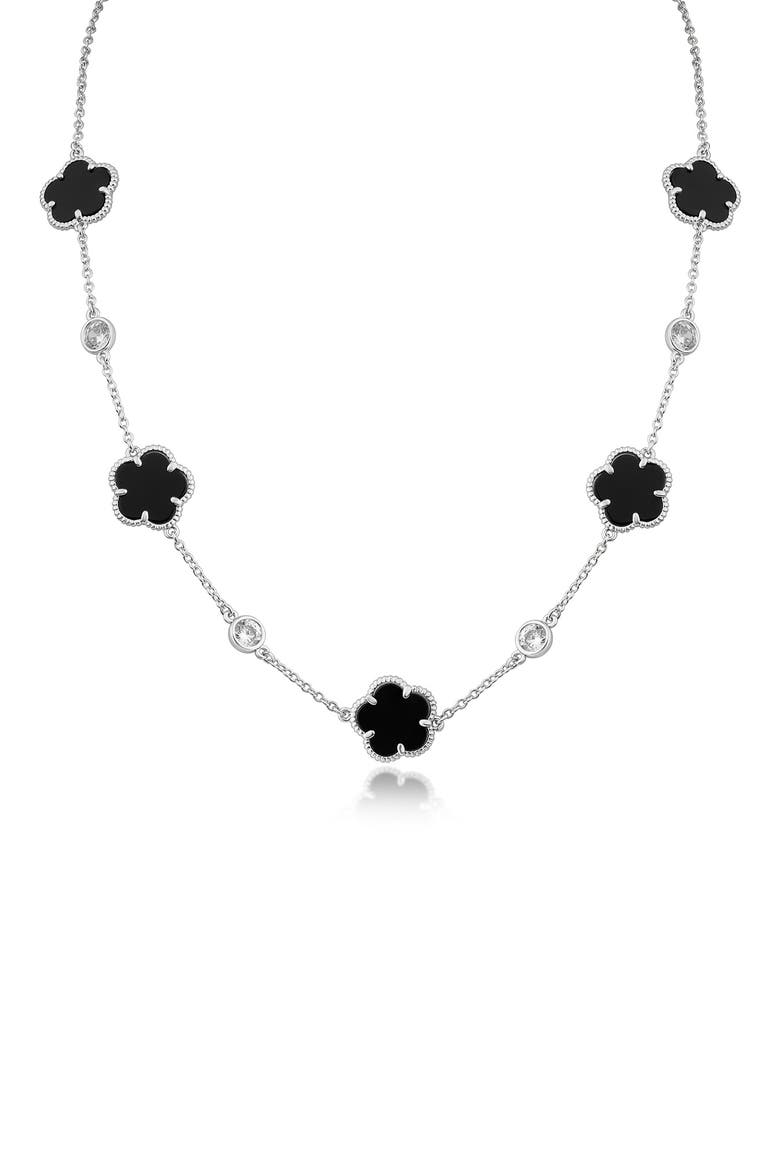 Cubic Zirconia & Onyx Clover Station Necklace, Main, color, BLACK/ SILVER