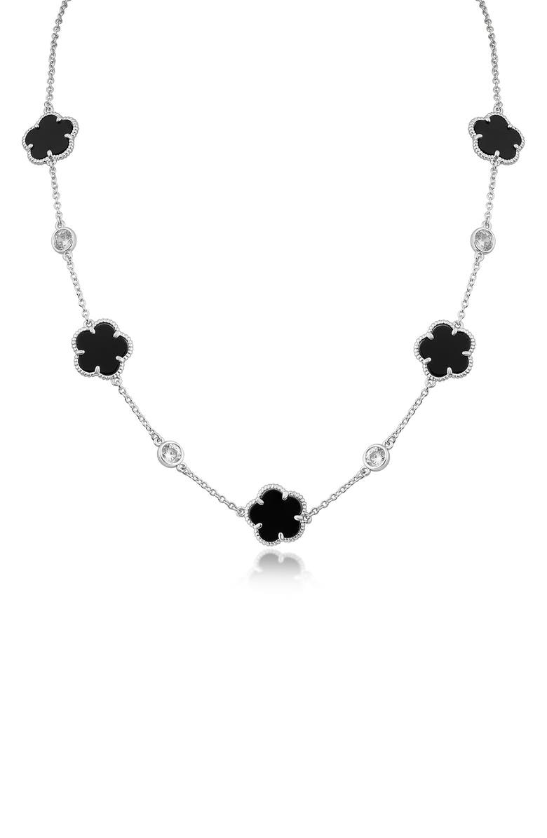 CZ by Kenneth Jay Lane Cubic Zirconia & Onyx Clover Station Necklace, Main, color, Black/ Silver