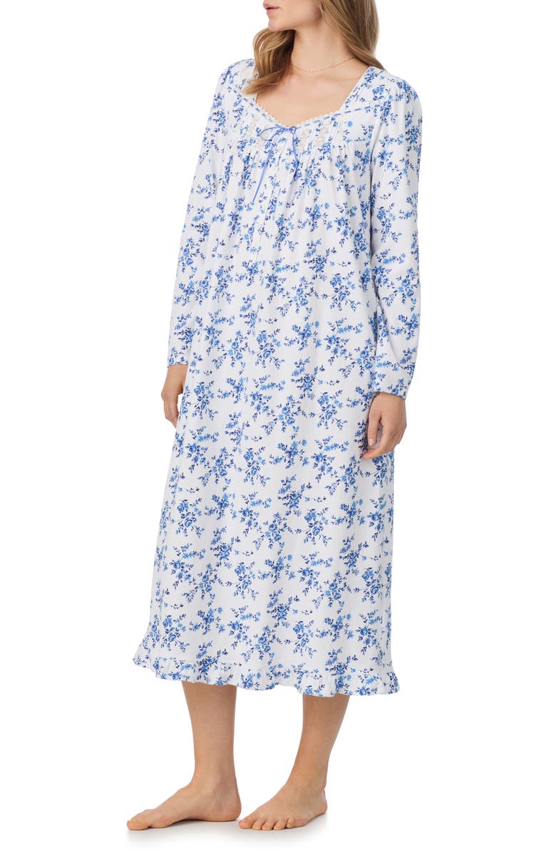 Eileen West Long Sleeve Cotton Nightgown, Alternate, color, White/ Navy