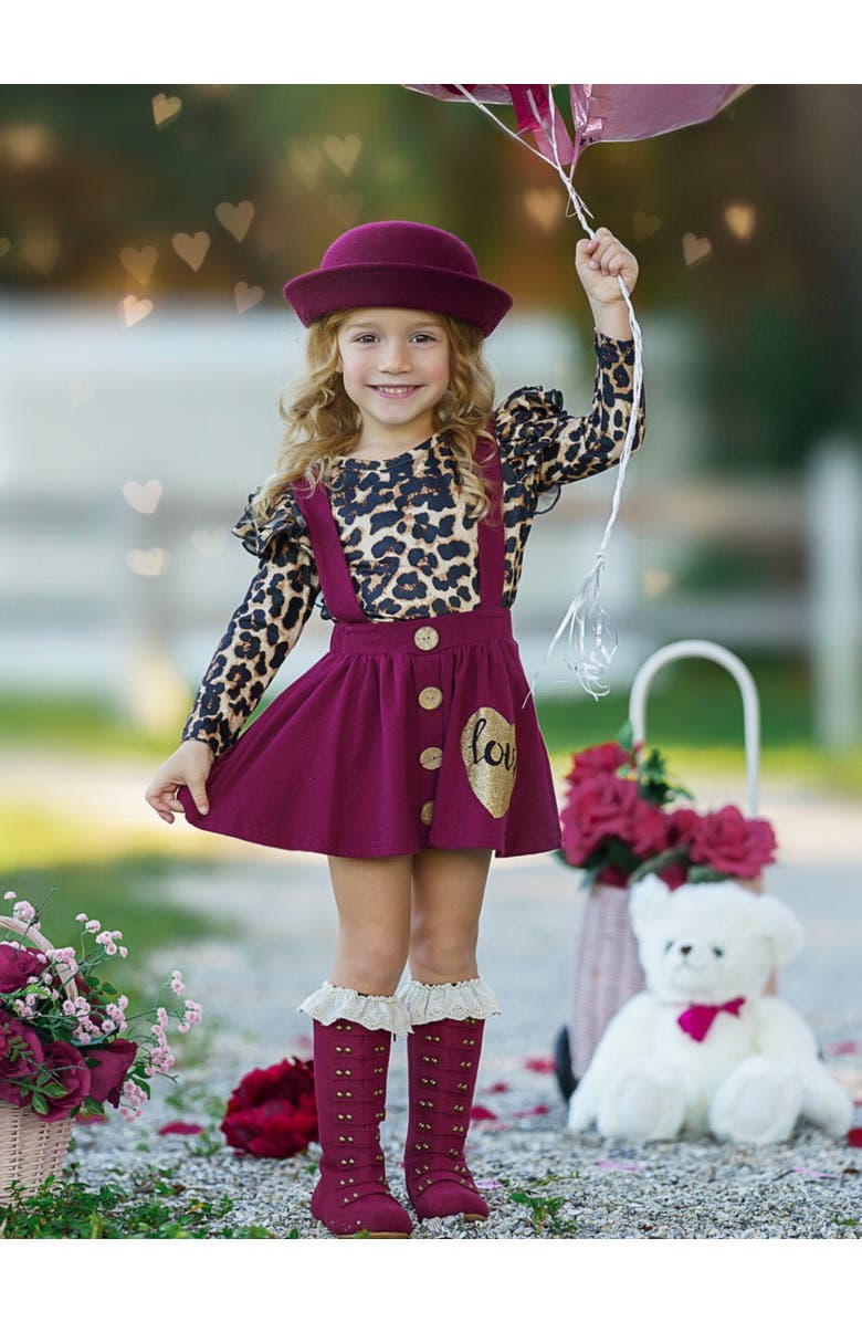 Mia Belle Girls Wild Love Suspender Skirt Set, Alternate, color, Red