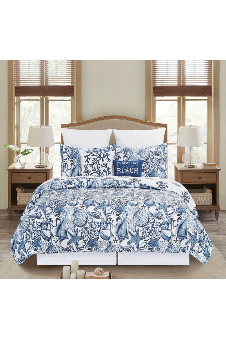 Blue Coast Shells Queen Reversible Bedspread, Alternate, color, Blue