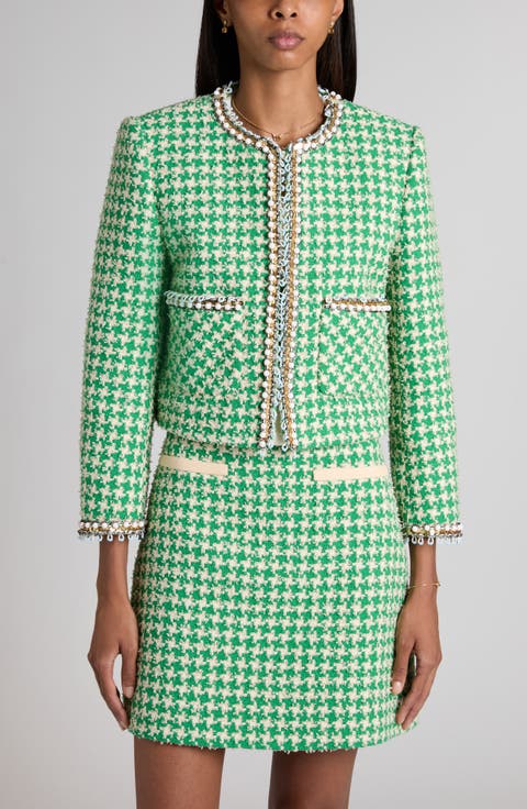 Beaded Houndstooth Cotton Blend Tweed Jacket