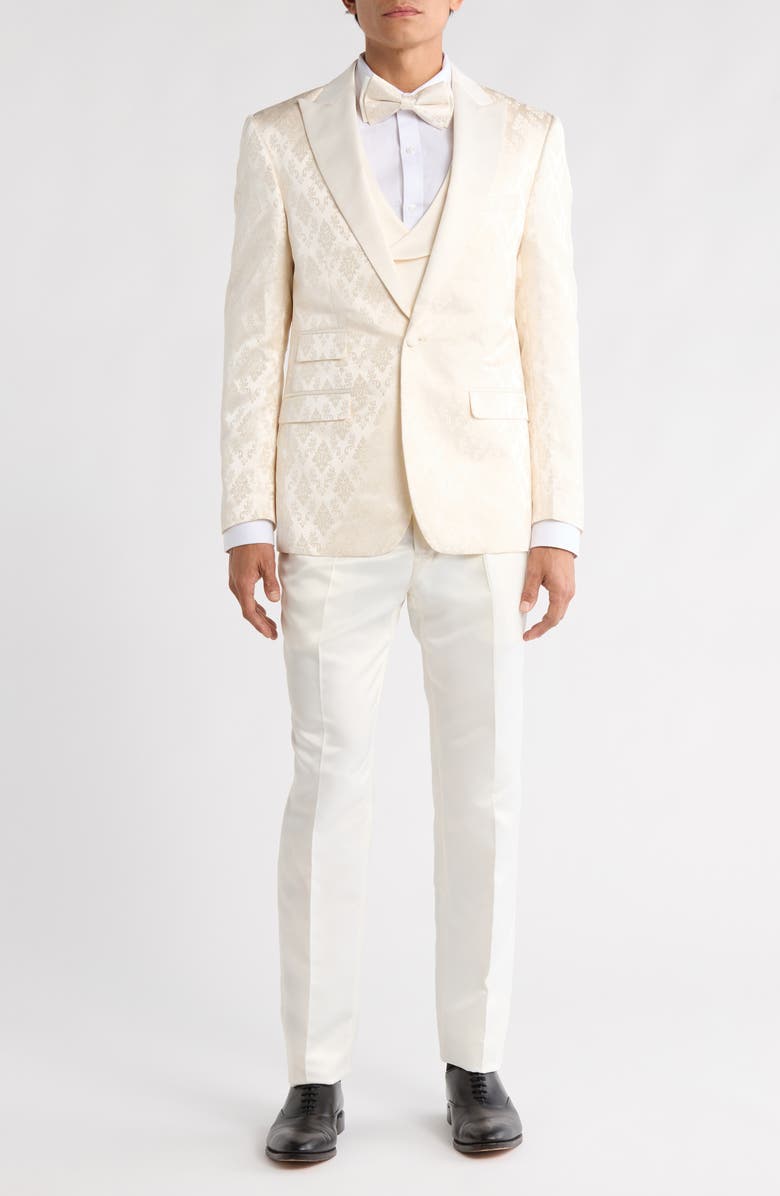 ZEGARIE Stacy Adams Solid Peak Lapel 3-Piece Tuxedo, Main, color, Ivory