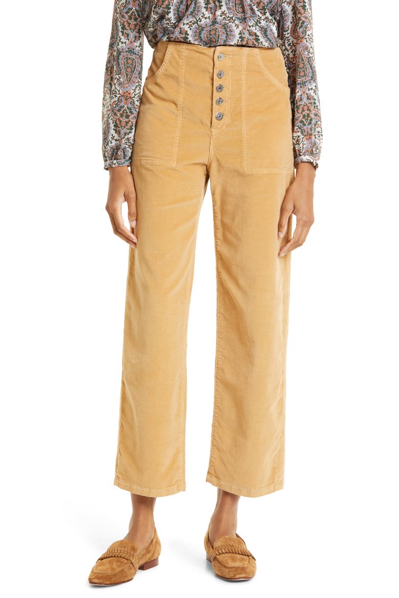 Crosbie Exposed Button Crop Wide Leg Corduroy Pants, Main, color, WOOD THRUSH