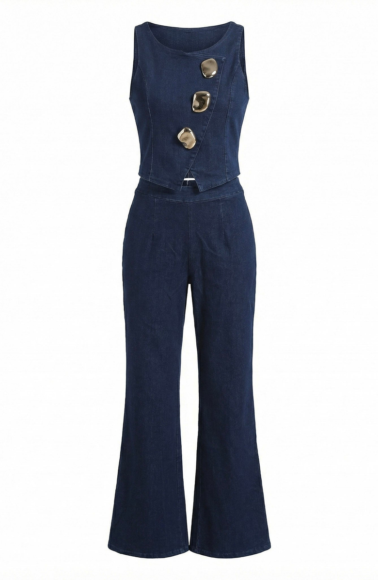 Modenaire Denim Vest and Wide Leg Pants Set, Alternate, color, Dark Indigo Blue