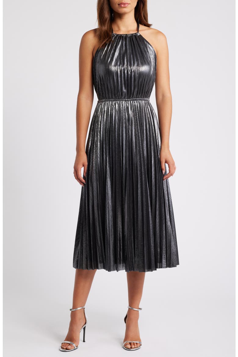 Metallic Pleated Cocktail Dress, Main, color, GUNMETAL