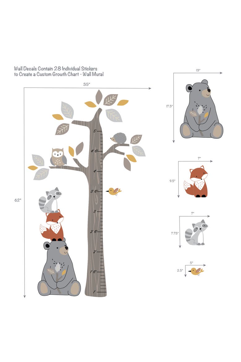 Woodland Forest Tree with Animals Kids Growth Chart Wall Decals, Alternate, color, Brown