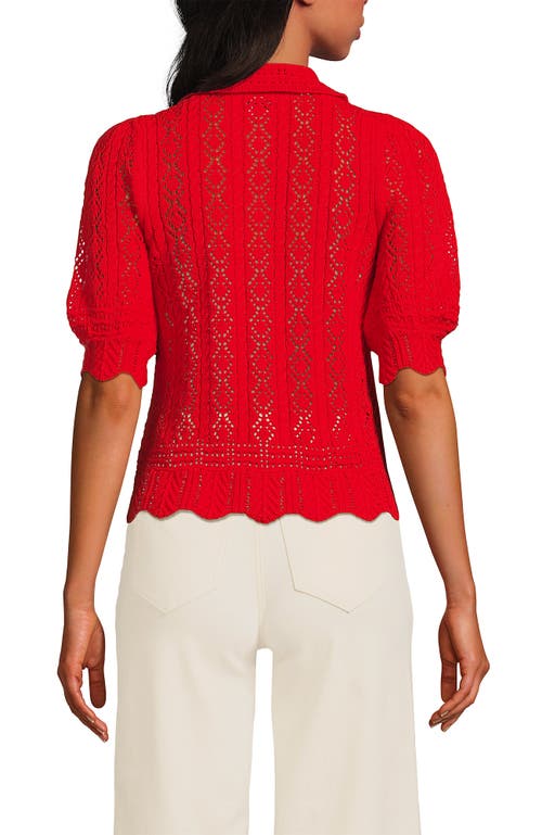 Lands' End Lace Pointelle Puff Sleeve Cardigan Sweater In Red