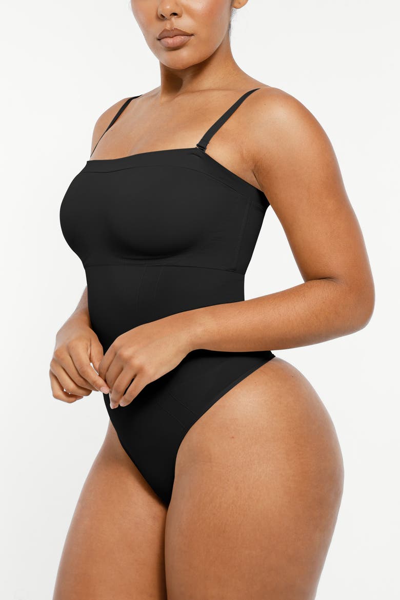 Skin Flow Strapless Sculpt Thong Bodysuit, Alternate, color, Black