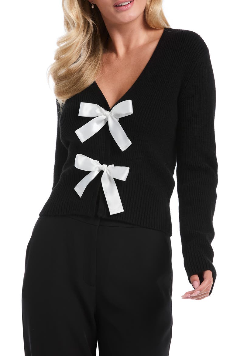 Bow V-Neck Cardigan, Main, color, BLACK