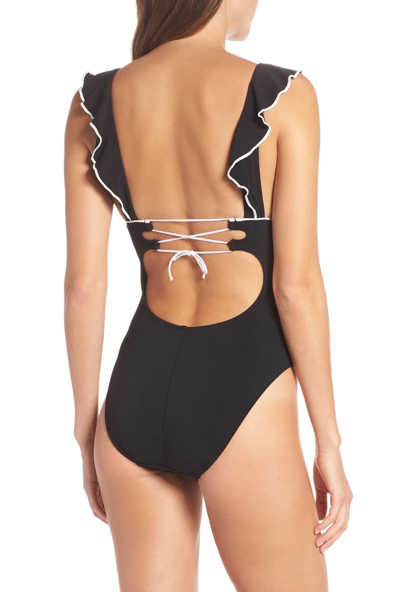 Malia Ruffle One-Piece Swimsuit, Alternate, color, BLACK/WHITE