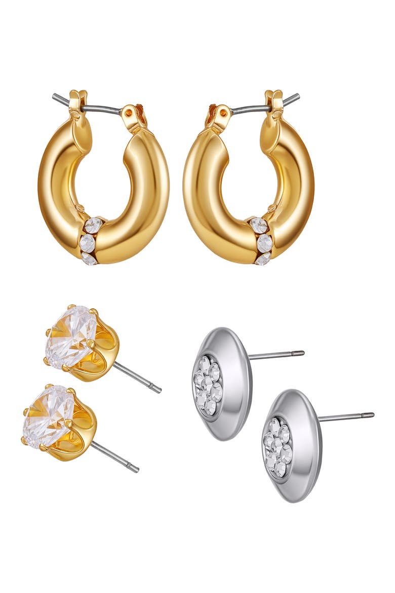 Hoop and Stud Earring Set, Alternate, color, TWO TONE