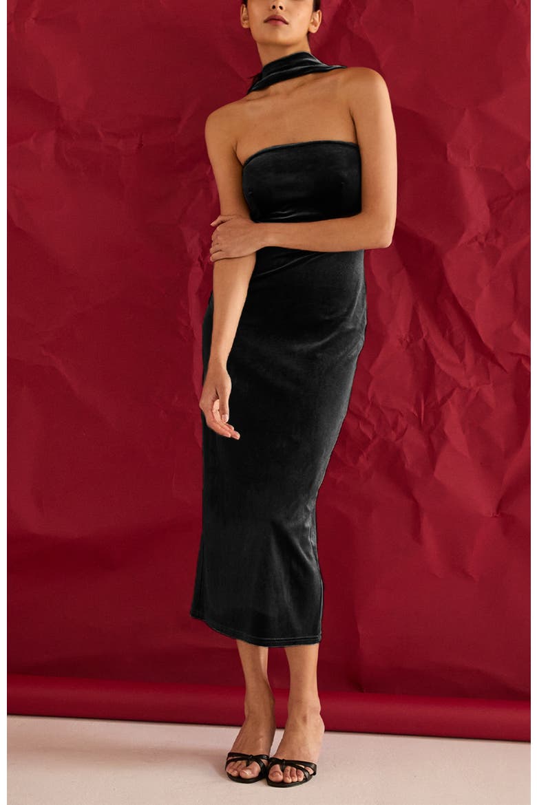 Halter Neck Velvet Tube Midi Dress, Alternate, color, Black