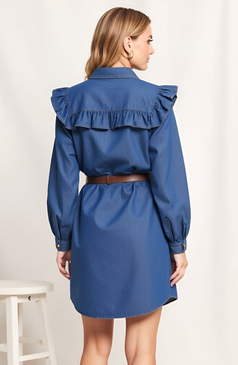 Modenaire Button-Front Denim Shirt Dress with Ruffle Yoke, Alternate, color, Blue