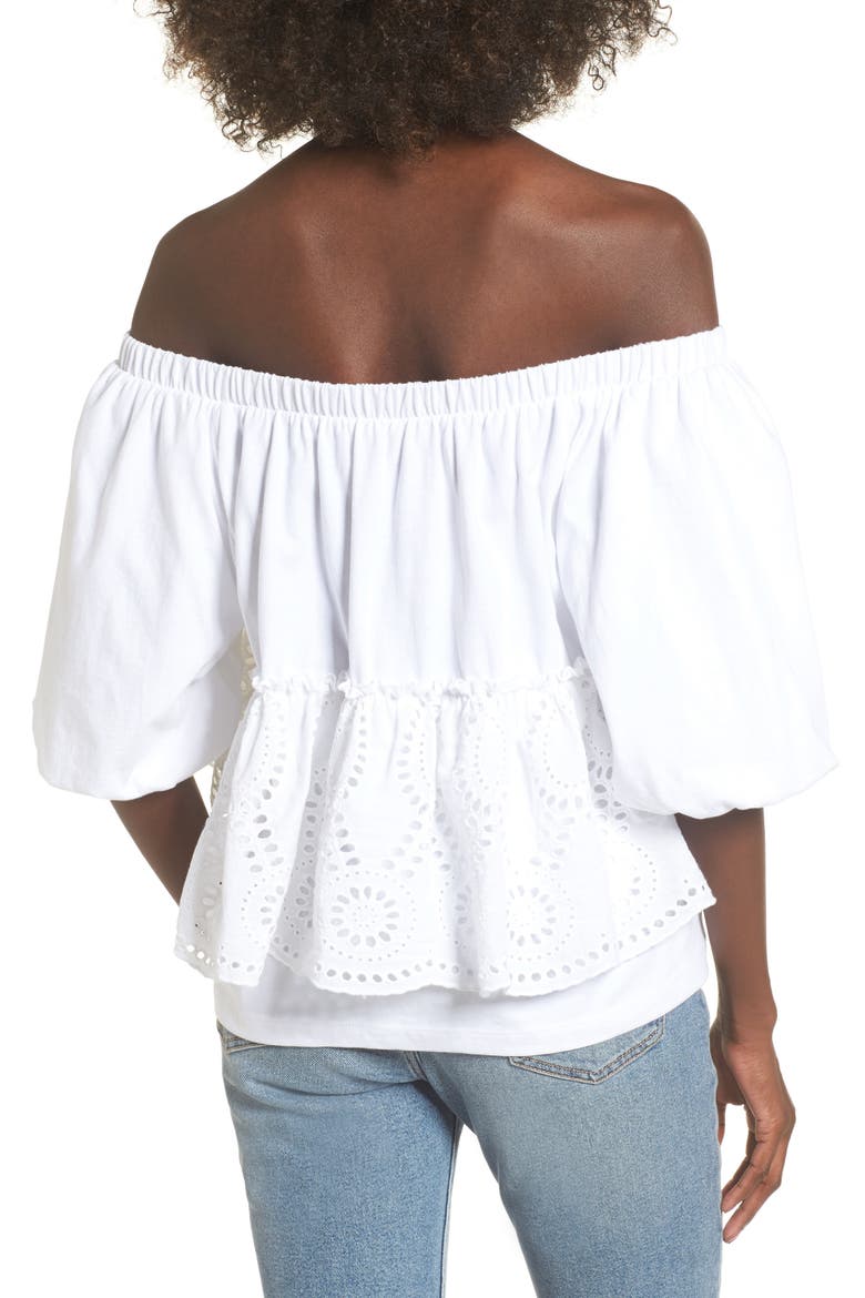 Eyelet Ruffle Off the Shoulder Top, Alternate, color, WHITE