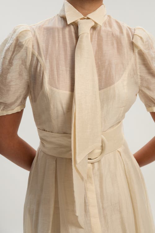 Karen Millen Organdie Tie Neck Woven Midi Dress In Neutral
