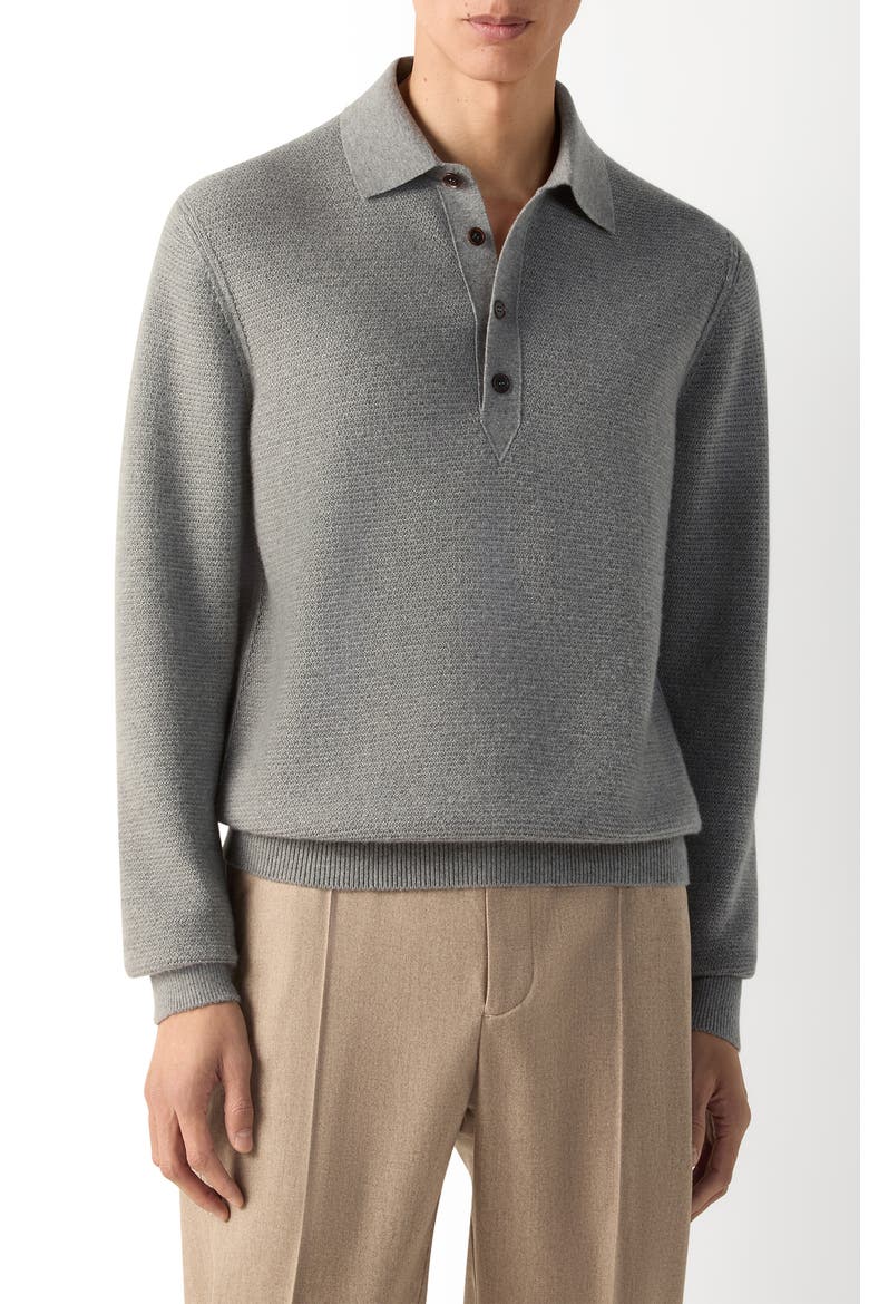 Long Sleeve Oasi Cashmere Polo Sweater, Main, color, GREY MELANGE