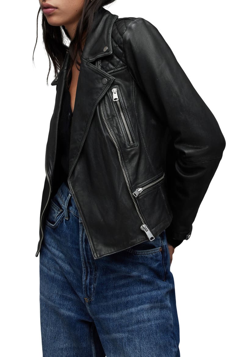 Cargo Distressed Leather Biker Jacket, Alternate, color, BLACK/ GREY