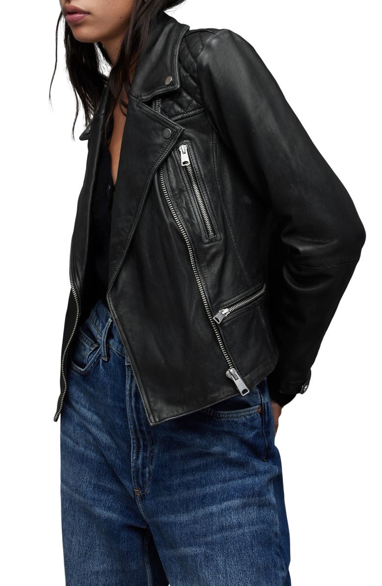 AllSaints Cargo Distressed Leather Biker Jacket, Alternate, color,