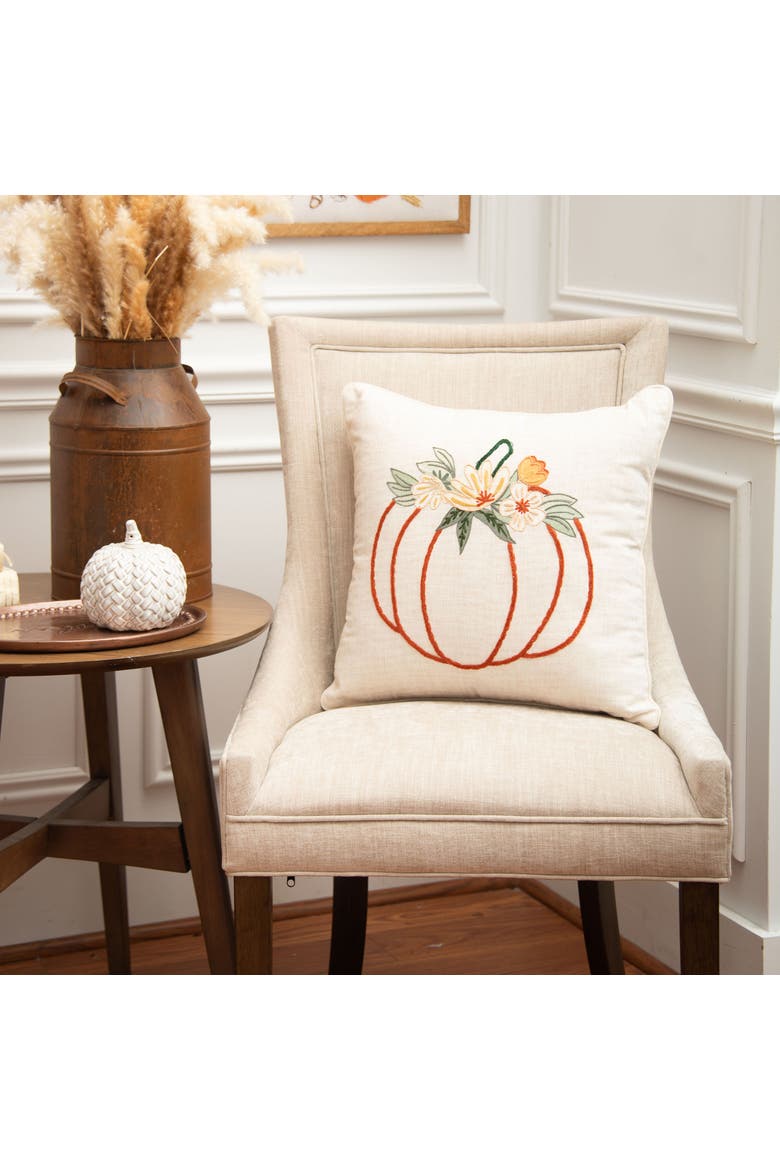 Autumn Fields Pumpkin Outline Cotton Blend Thanksgiving Accent Throw Pillow 18" x 18", Alternate, color, Off-White