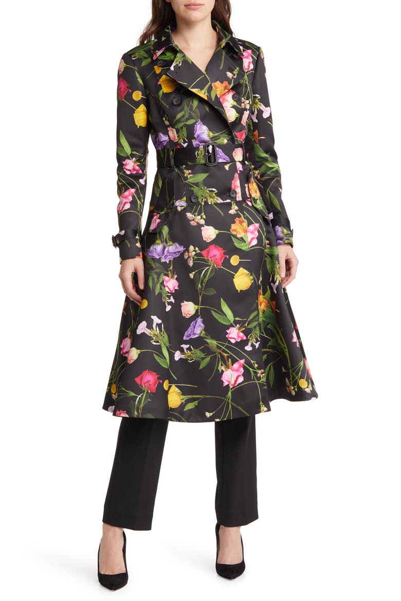 Moiraa Floral Double Breasted Trench Coat, Main, color, BLACK