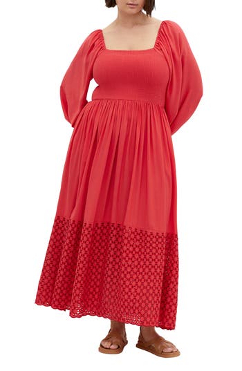 City Chic Kaya Smocked Long Sleeve Maxi Dress In Red