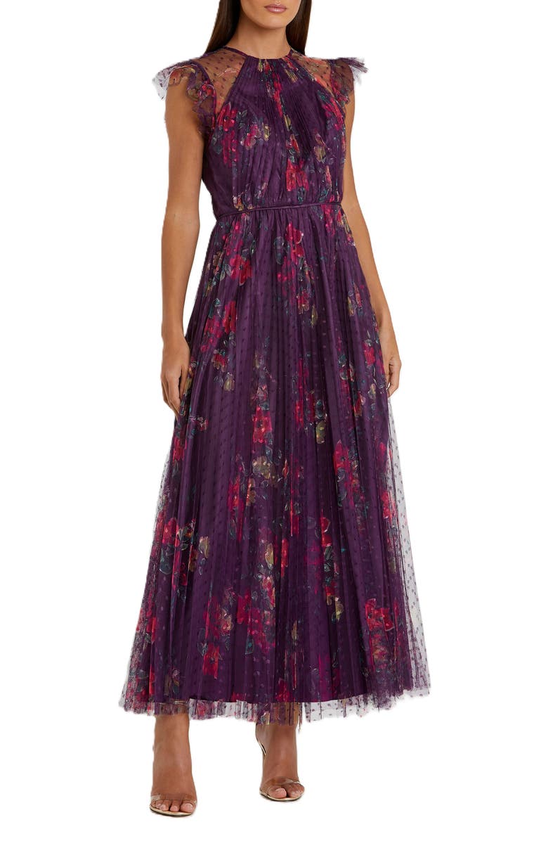 Mac Duggal Floral Flutter Sleeve Midi Dress, Main, color, Plum Multi