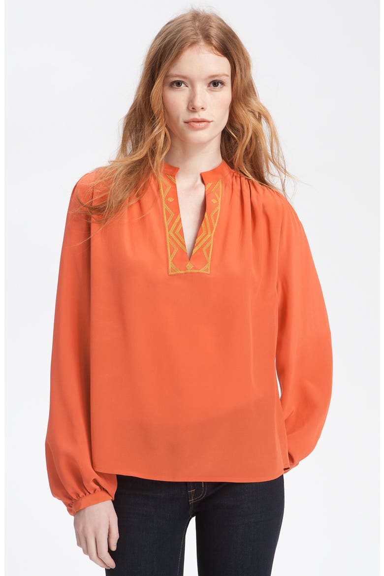 'Anjall' Embroidered Placket Silk Blouse, Main, color, BURNT OCHRE