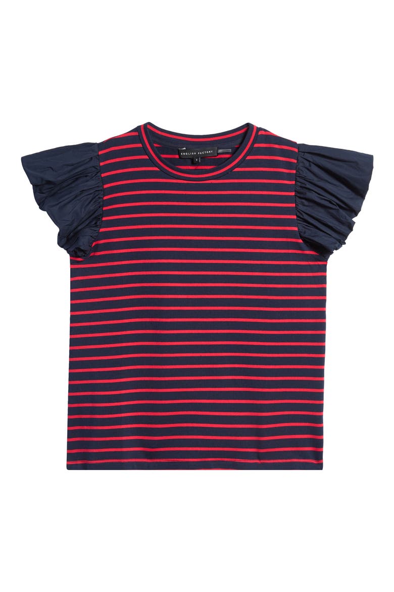 Mixed Media Stripe Ruffle Sleeve Top, Alternate, color, NAVY/ RED
