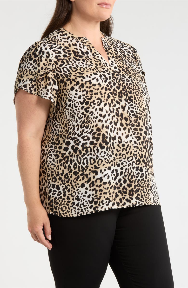 AK ANNE KLEIN Leopard Print Tulip Sleeve Popover Top, Alternate, color, Anne Black Multi