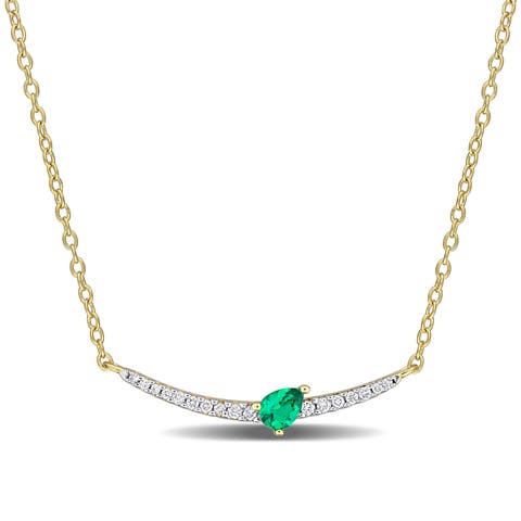 Created Emerald & Diamond Curved Bar Necklace