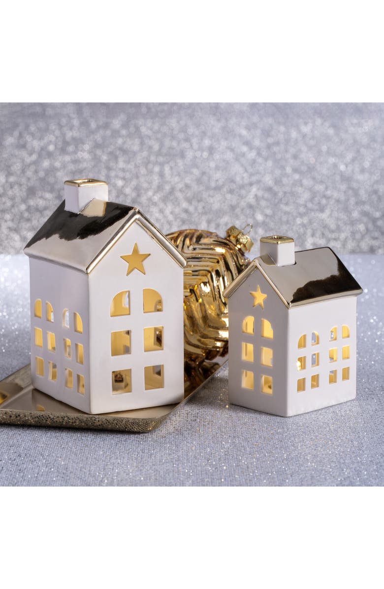 Zodax Lilou Set of 2 LED House Figurines, Alternate, color, White/ Gold